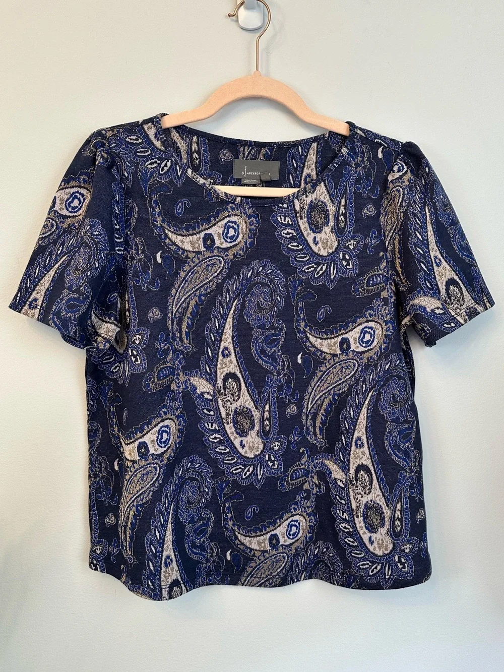 Anthropologie Celestial Blue Metallic Paisley Blouse with Puff Sleeve Detail B2